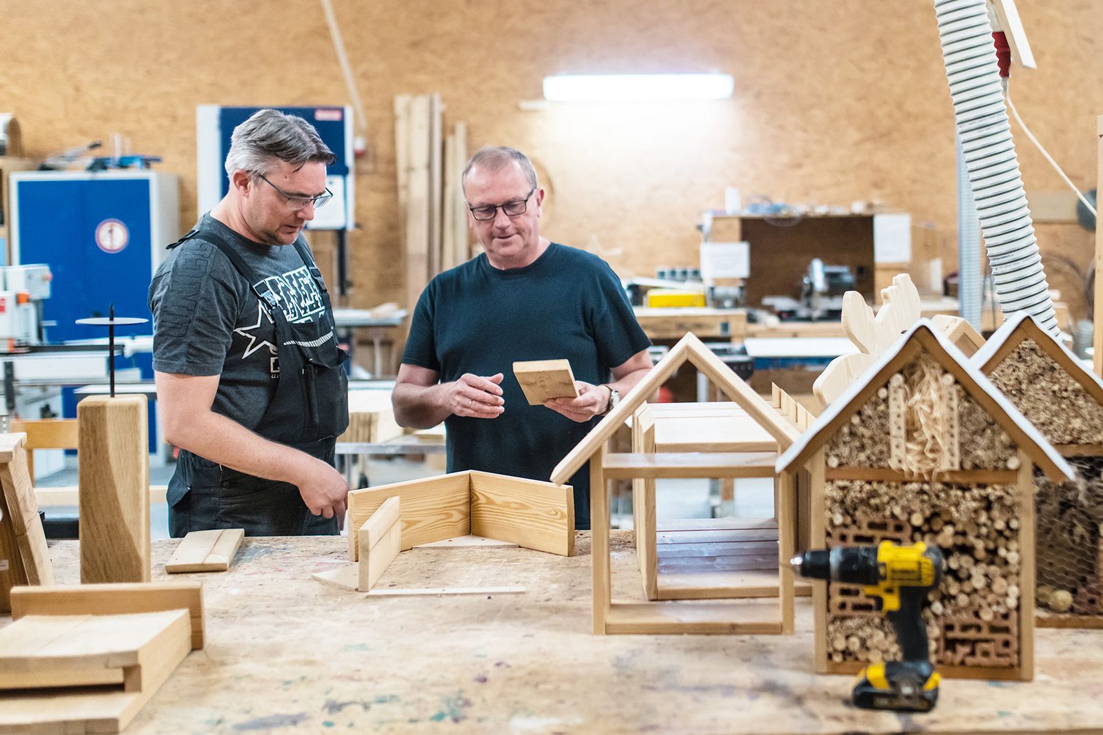 Anleitung in der Holzwerkstatt. Bild mit zwei Männern in Arbeitskleidung